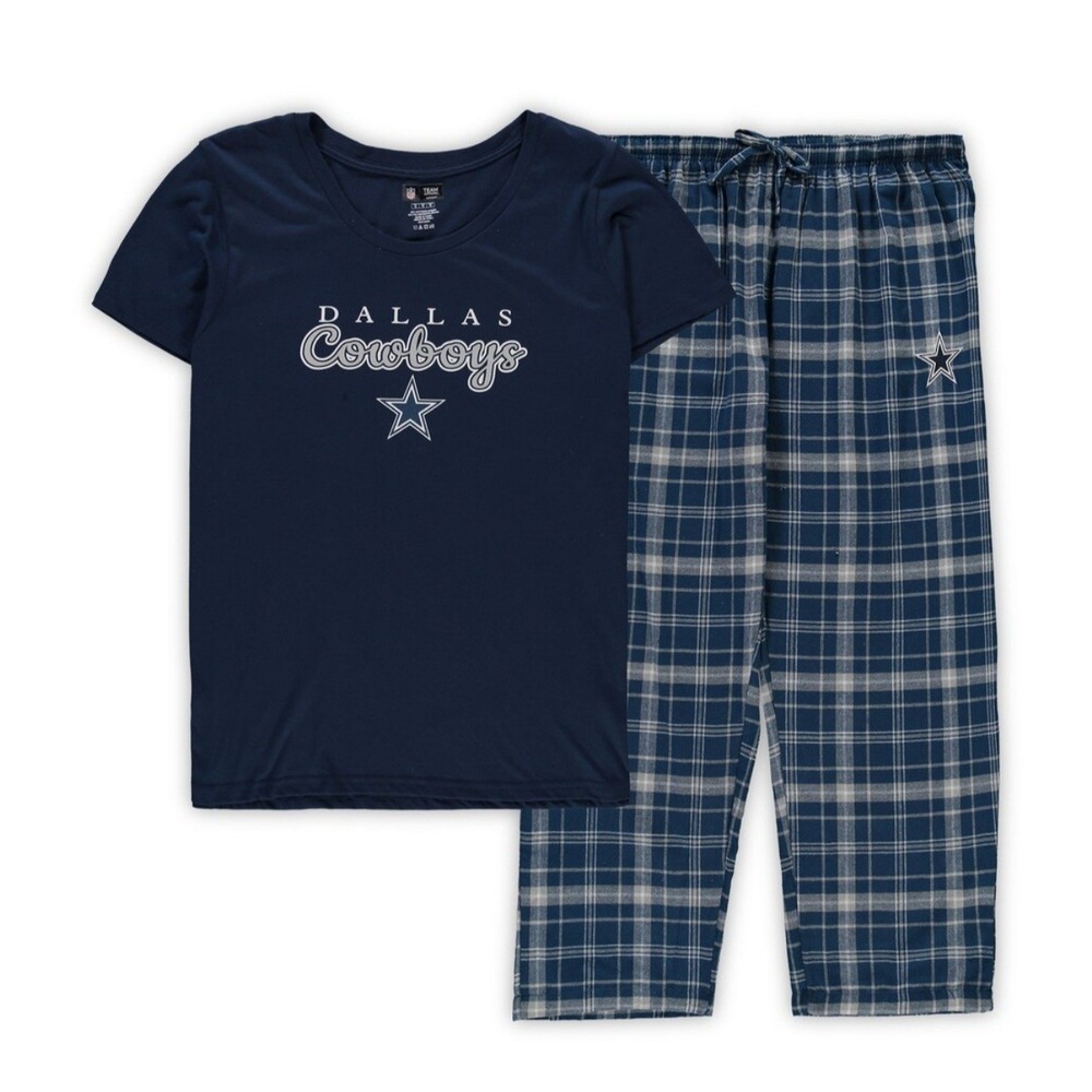 NFL Dallas Cowboys Womens Pajama Set Navy Blue Flannel Plaid Sleepwear Small NWT